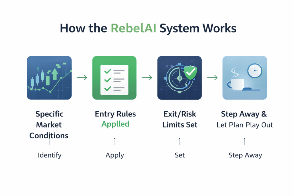 Flowchart explaining how the Rebel AI system works through structured trading steps