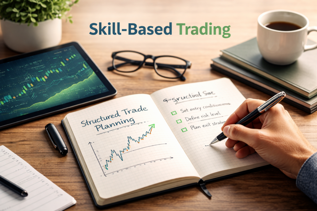 Skill-based trading concept image showing a structured learning workspace used in the RebelAI system